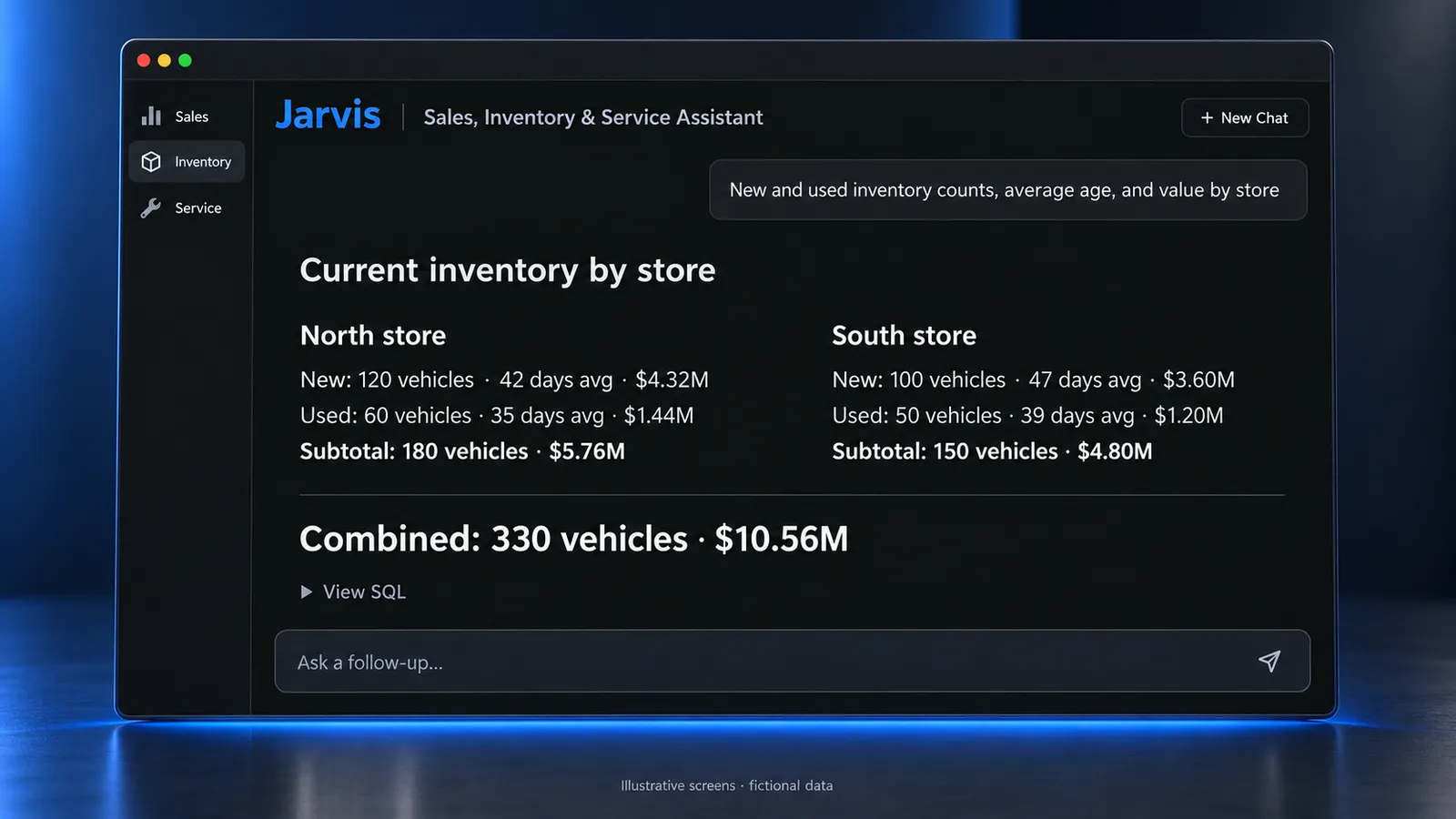 A business-data assistant answering an inventory question with store subtotals and a combined total