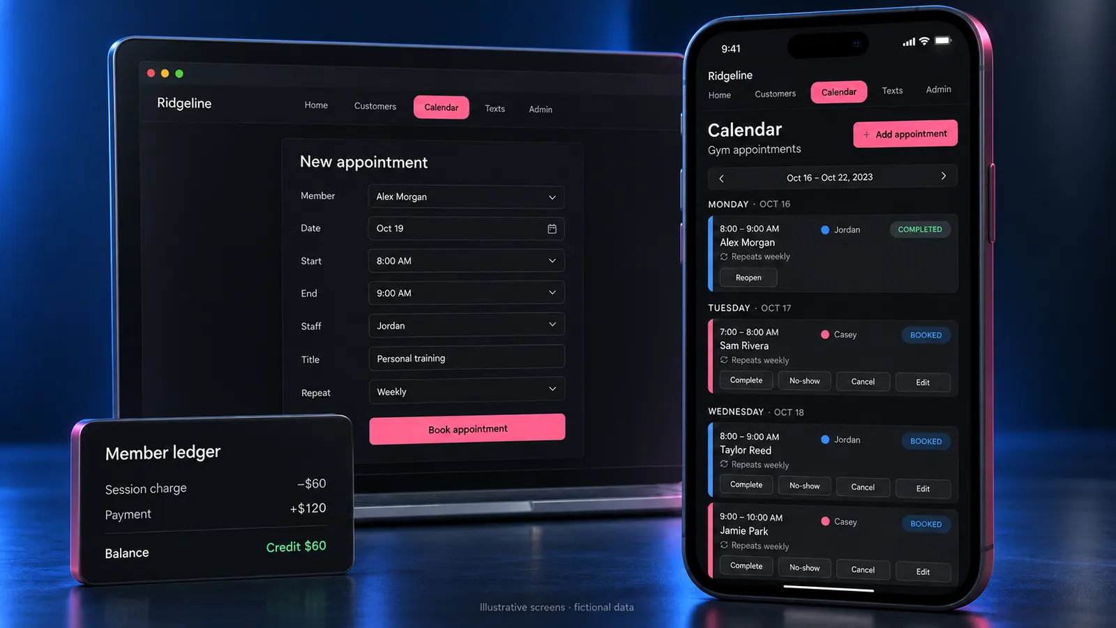 A gym scheduling app: a recurring appointment form, the week on a phone, and a member ledger