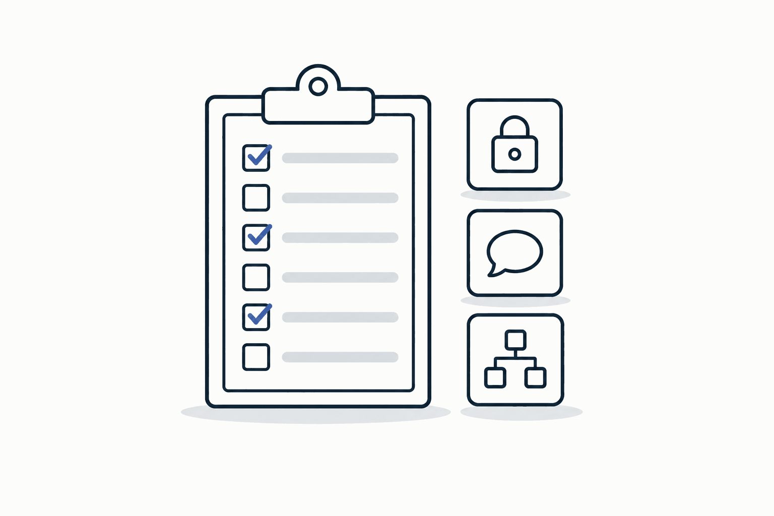 A clipboard with six checklist rows, three of them ticked in blue, beside three small tiles showing a padlock, a speech bubble and a sitemap tree.